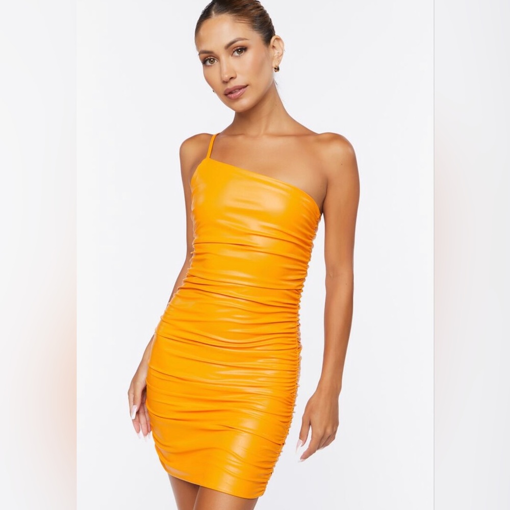 Orange Faux Leather Dress, One-Sided Shoulder Strap